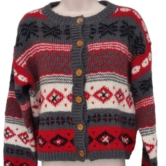 Vintage InDesign 80s 90s Striped Boxy Oversize Chiristmas Cardigan Sweater Large - Picture 2 of 11